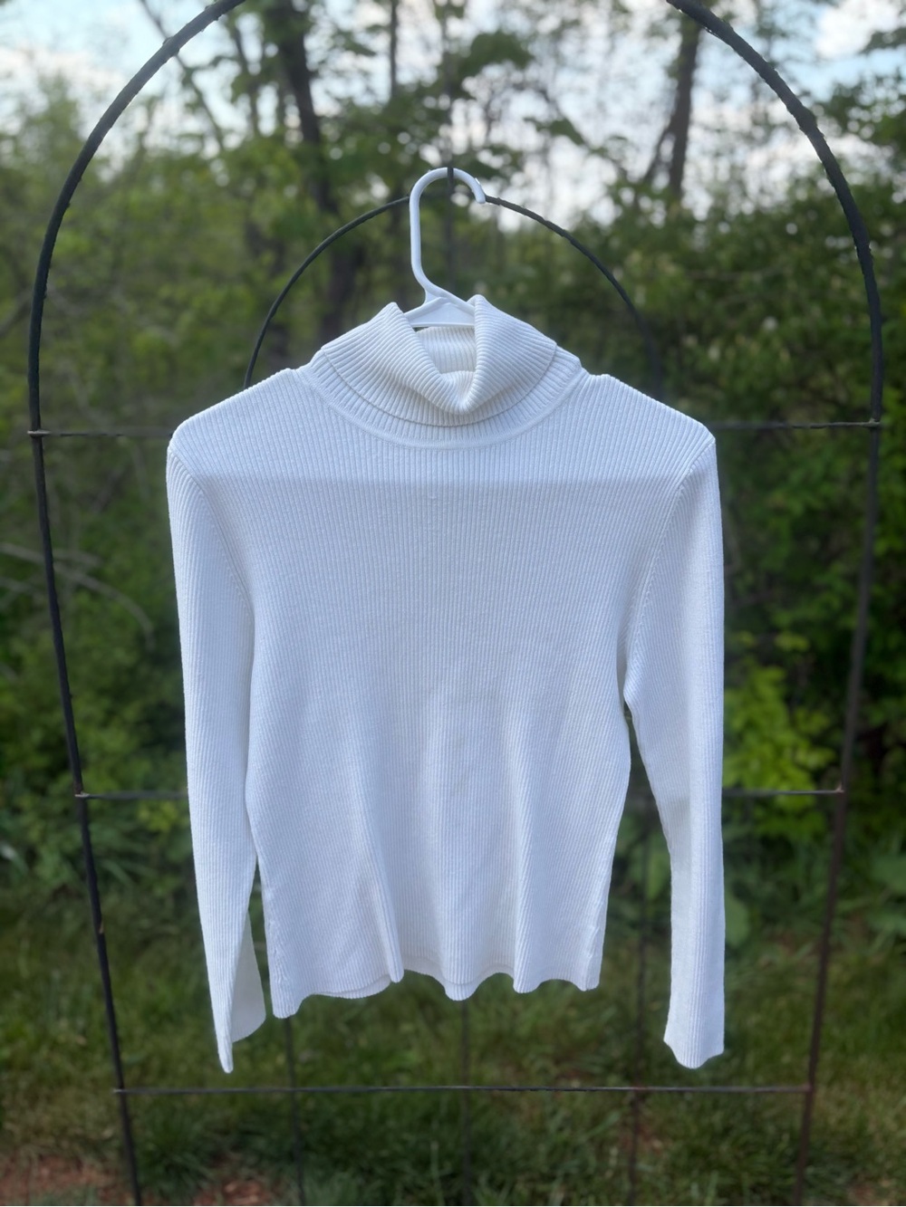 Vintage Classic White Ribbed Turtleneck Long-Sleeve Top Cotton-Blend Fall Preppy